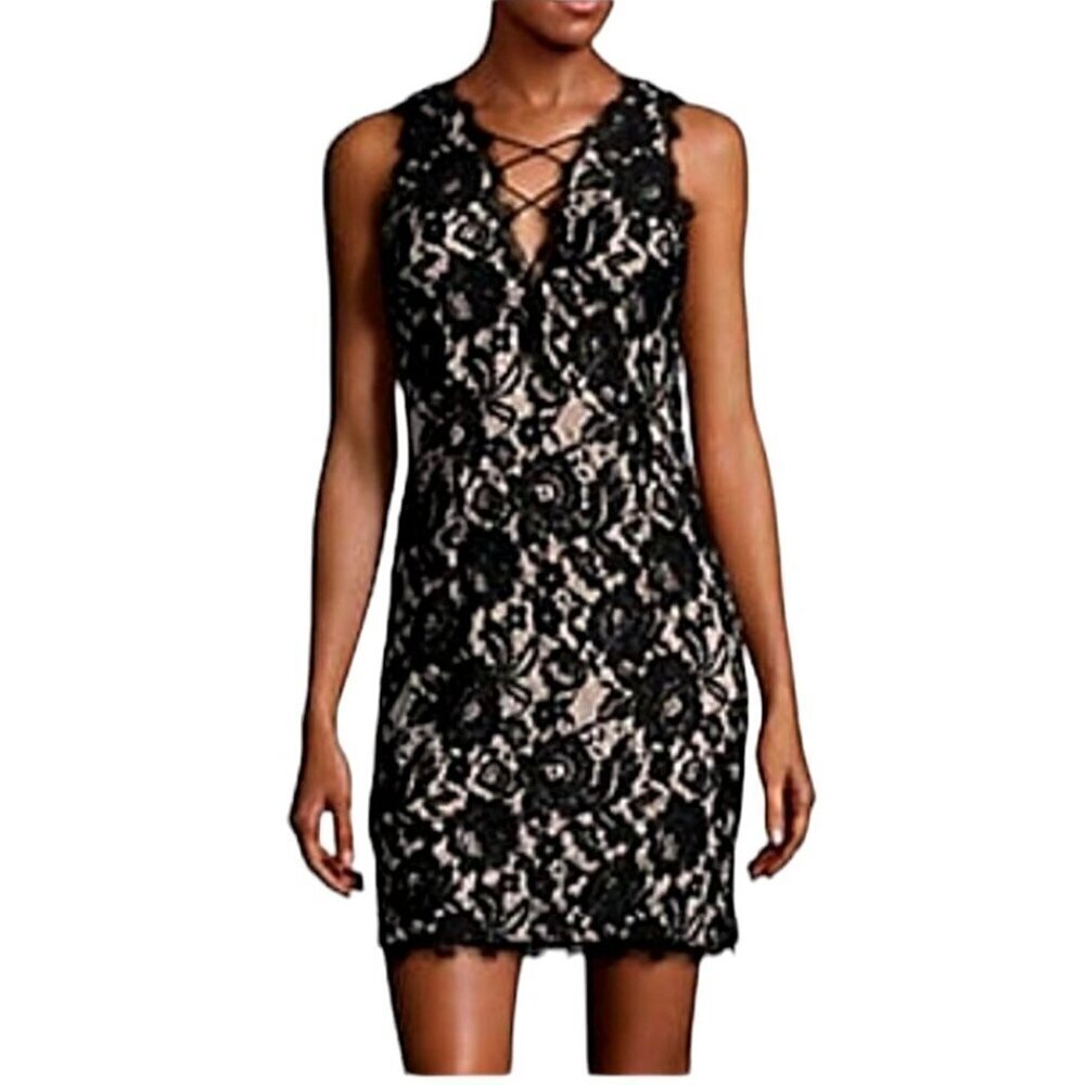 Aidan Mattox Dress Women 2 Black‎ Lace Up V Neck Lace Sheath Mini Cocktail LBD
